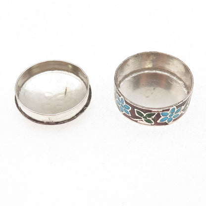 925 Sterling Silver Vintage Enamel Floral Snuff / Pill Box