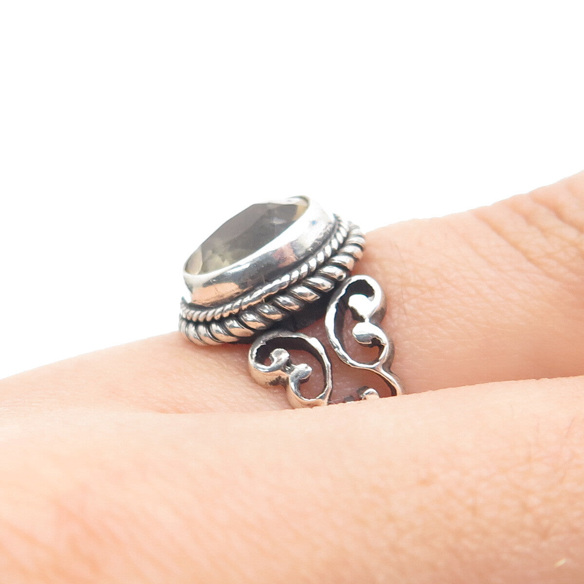 925 Sterling Silver Vintage Real Smoky Quartz Oxidized Ring Size 6