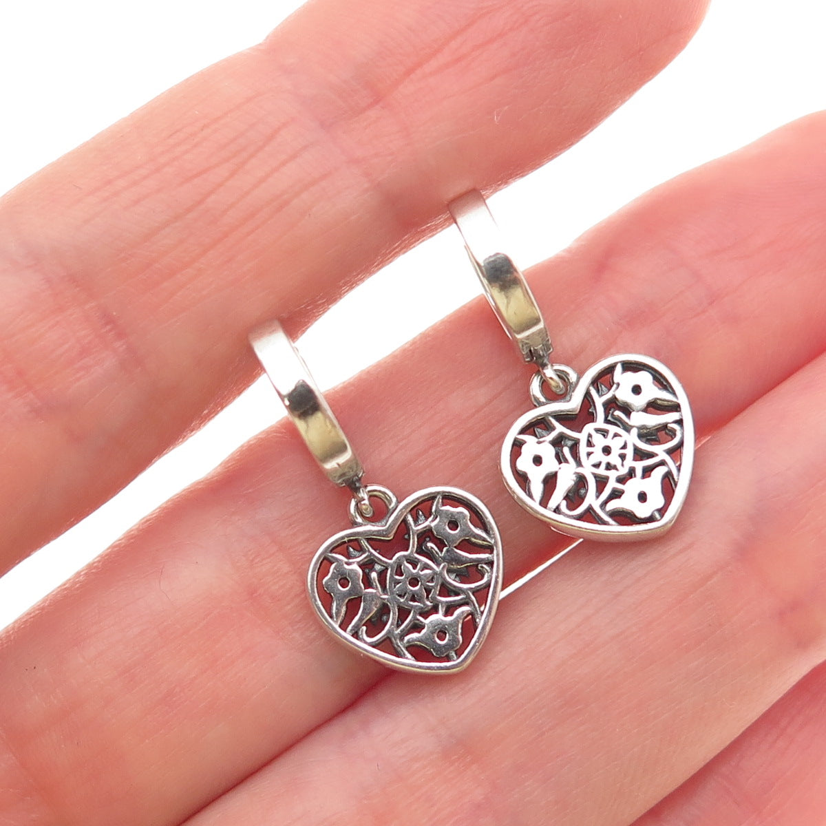 925 Sterling Silver Round-Cut C Z Heart Dangle Charm Hoop Earrings