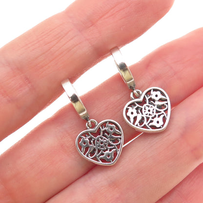 925 Sterling Silver Round-Cut C Z Heart Dangle Charm Hoop Earrings