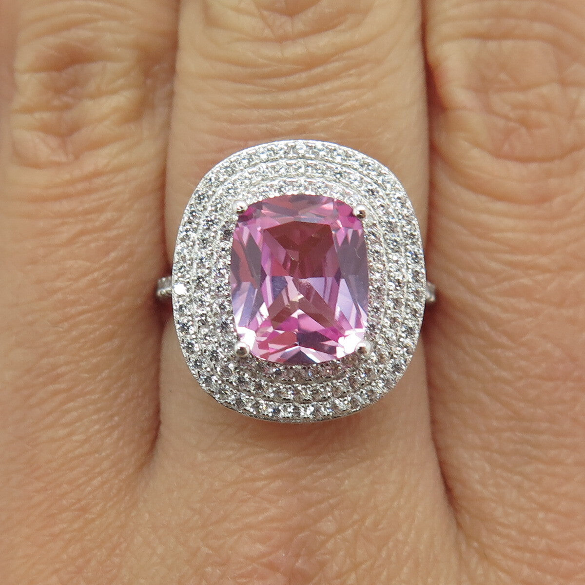 DSMK 925 Sterling Silver Lab-Created Pink Sapphire & C Z Ring Size 7.25