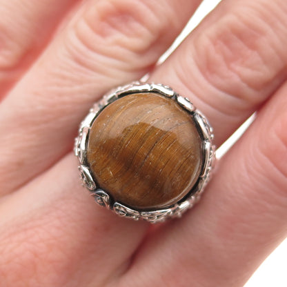 925 Sterling Silver Vintage Real Tiger Eye Modernist Oxidized Ring Size 5.75