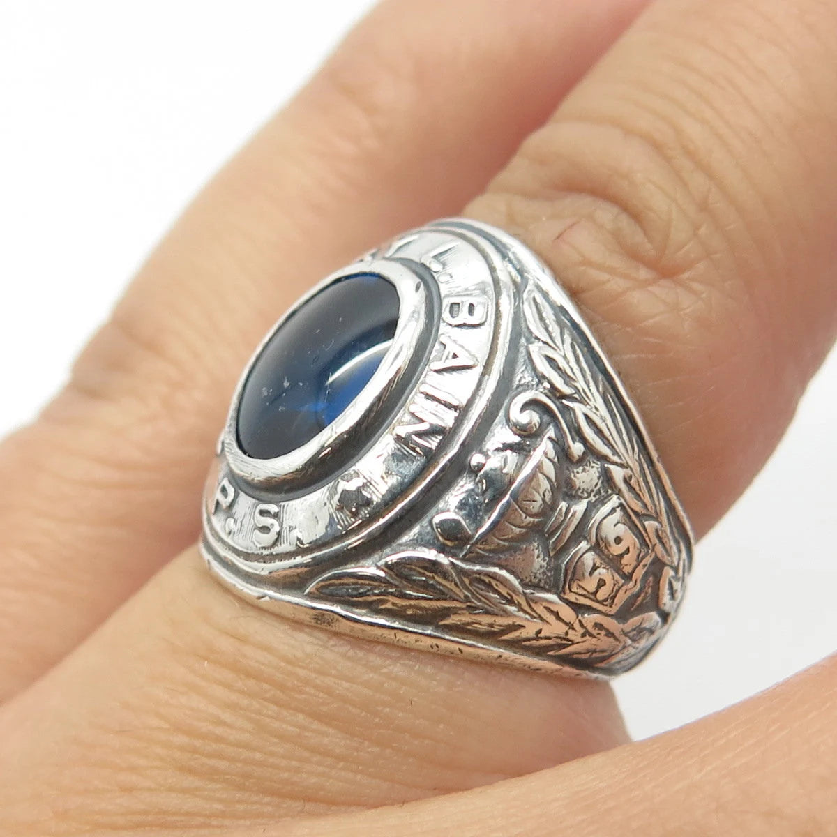925 Sterling Silver Vintage 1959 Blue Glass "Harry L. Bain" School Ring Size 6