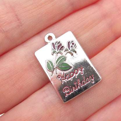 BEAU 925 Sterling Silver Vintage Enamel Happy Birthday Rose Mini Charm Pendant