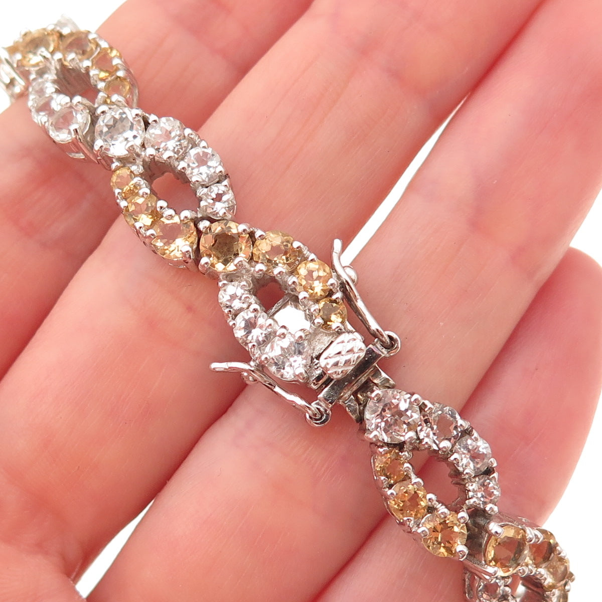 925 Sterling Silver Real Round-Cut Citrine & White Topaz Infinity Bracelet 7"