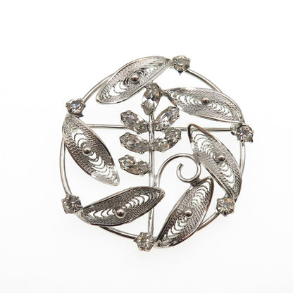 RO-MAN 925 Sterling Silver Vintage Rhinestone Floral Filigree Pin Brooch