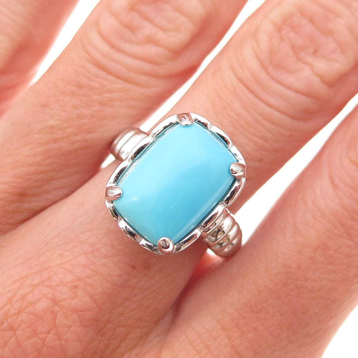 925 Sterling Silver Real Sleeping Beauty Turquoise Modernist Ring Size 8