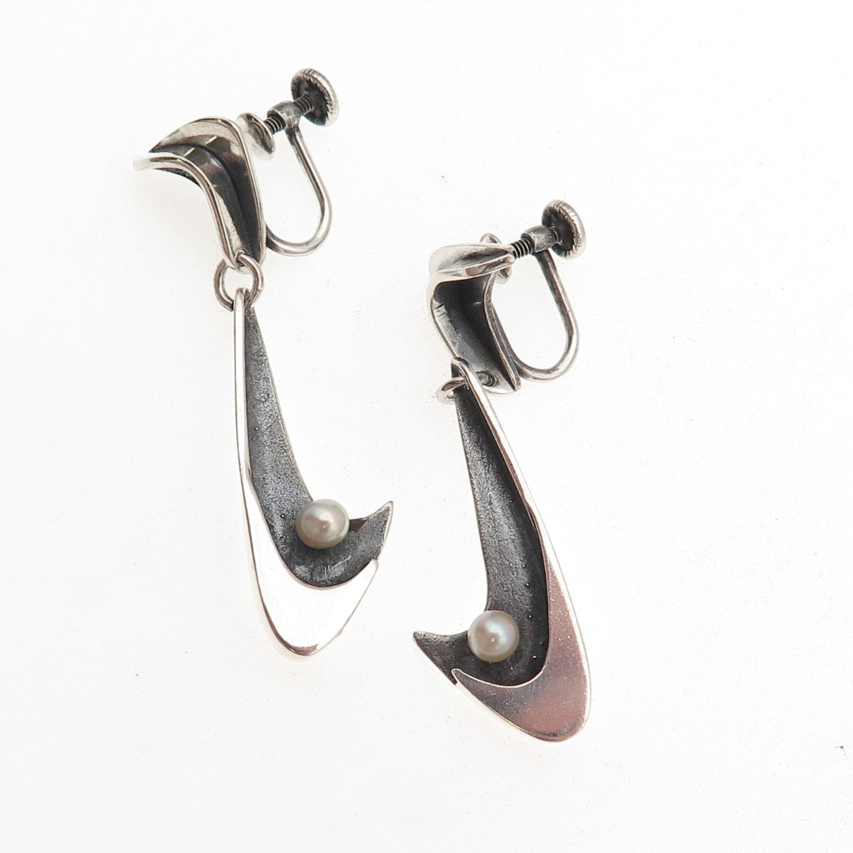 925 Sterling Silver Vintage Real Pearl Modernist Oxidized Screw Back Earrings
