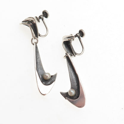 925 Sterling Silver Vintage Real Pearl Modernist Oxidized Screw Back Earrings