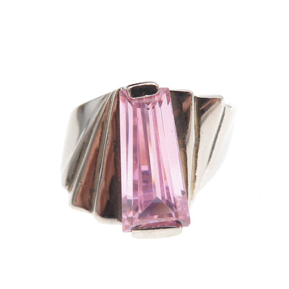 925 Sterling Silver Vintage Pink C Z Modernist Oxidized Ring Size 7
