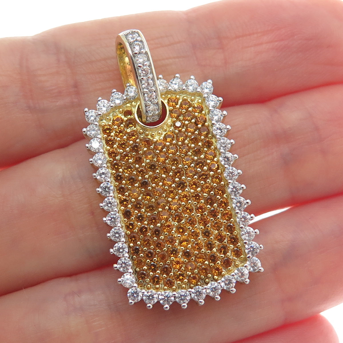DADWANI 925 Sterling Silver Gold Plated White & Fire C Z Tag Pendant