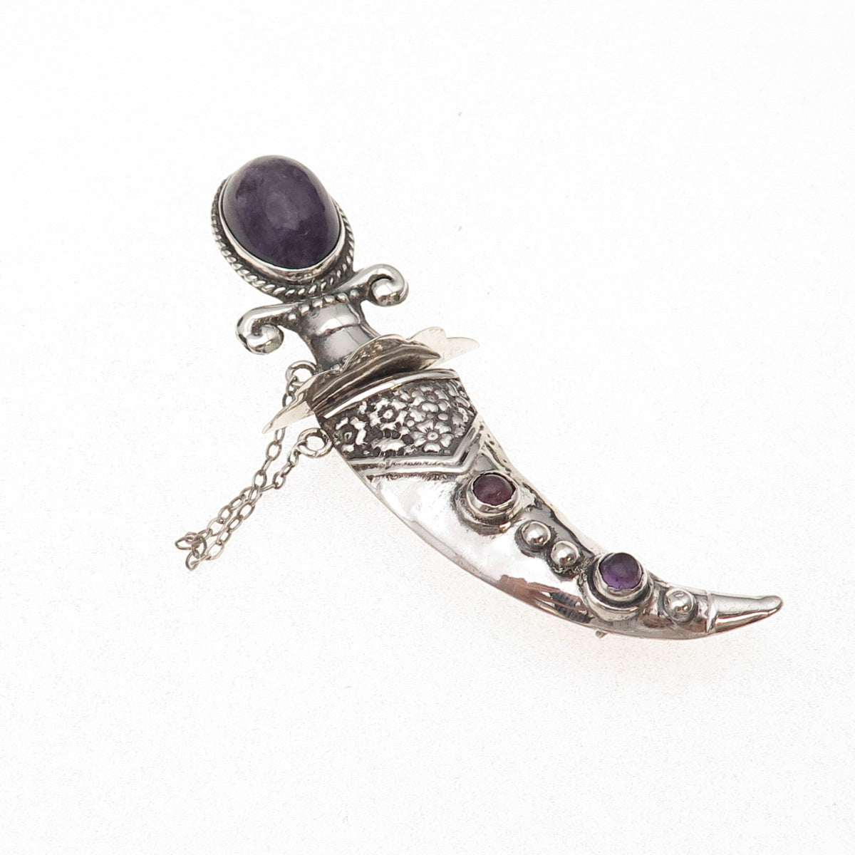 925 Sterling Antique Art Deco Real Amethyst Dagger in Sheath 2-Pc Pin Brooch