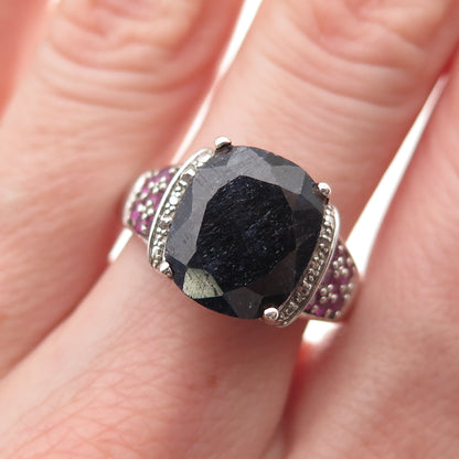 925 Sterling Silver Real Sapphire Ruby & White Topaz Ring Size 8