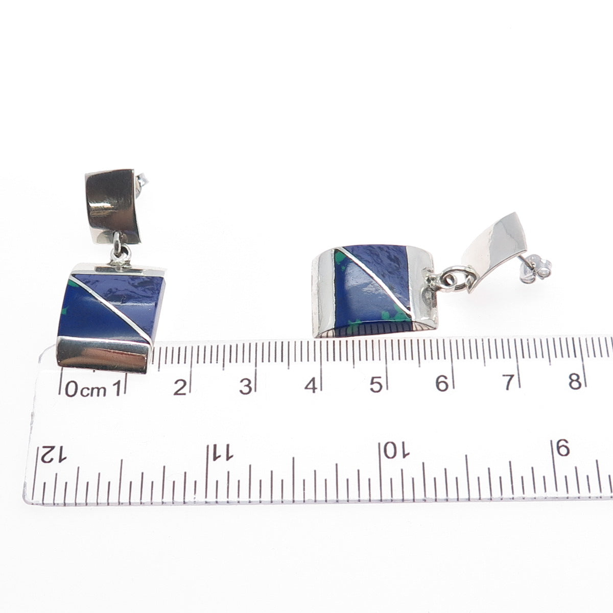 950 Silver Vintage Mexico Real Azurite Modernist Dangle Earrings