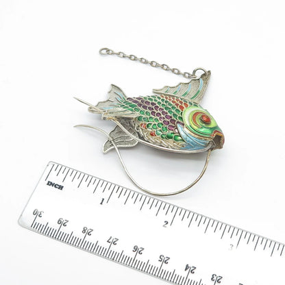 925 Sterling Silver Antique Enamel Chinese Koi Fish Articulated Chatelaine Fob