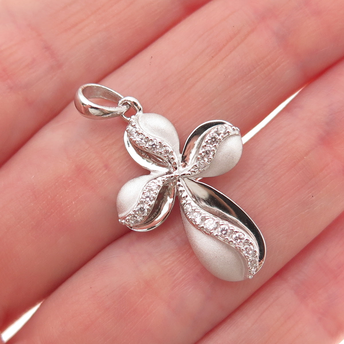 Ross Simons 925 Sterling Silver Round-Cut C Z Floral Cross Charm Pendant