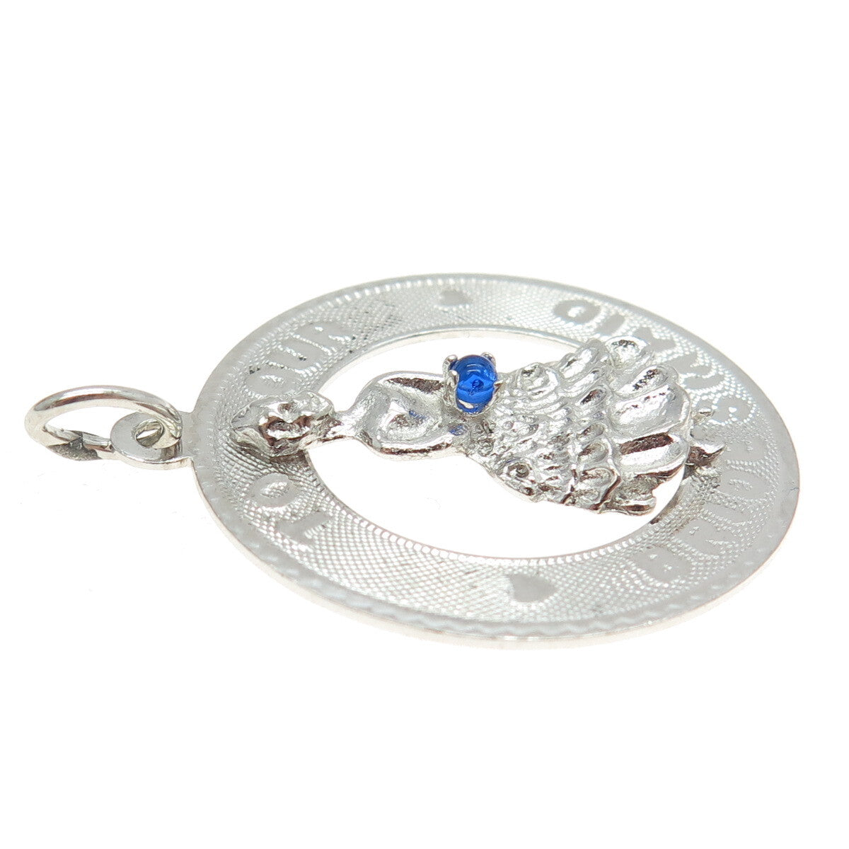 925 Sterling Silver Vintage M&M Blue Glass "To Our Bridesmaid" Round Pendant
