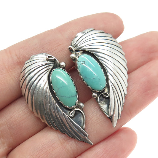 Old Pawn 925 Sterling Silver Vintage Mountain Turquoise Feather Clip On Earrings