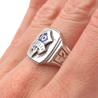 925 Sterling Silver Vintage 1953 Enamel Greeley School Oxidized Ring Size 9