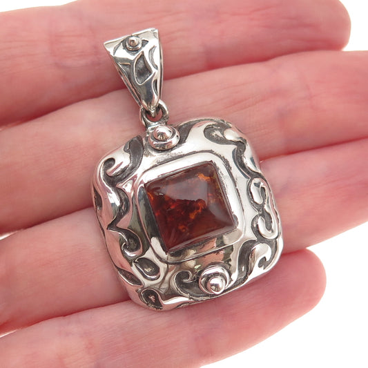 925 Sterling Silver Vintage Real Amber Ornate Oxidized Charm Pendant