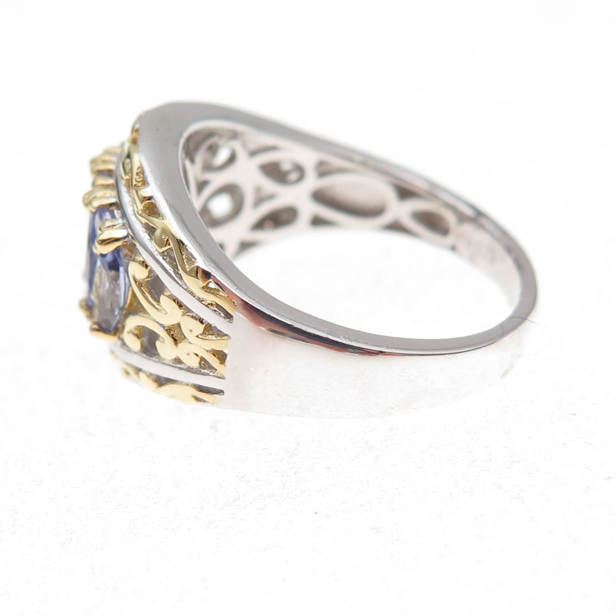925 Sterling Silver 2-Tone Real Oval & Round-Cut Tanzanite Ring Size 8.25