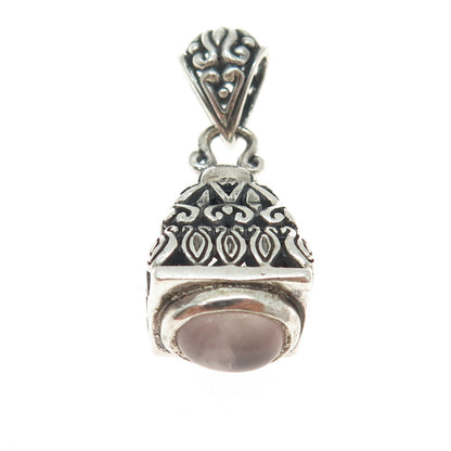 925 Sterling Silver Vintage Real Rose Quartz Modernist Ornate Pendant