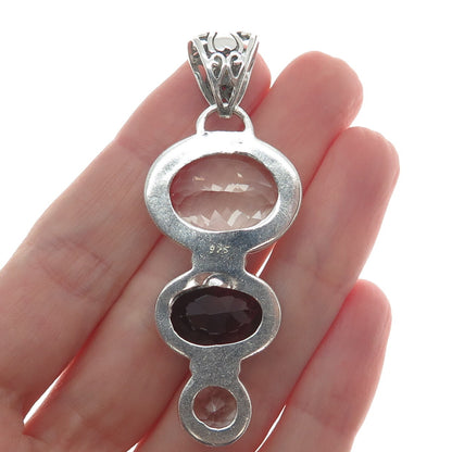 925 Sterling Silver Vintage Real White Topaz & Smoky Quartz Graduated Pendant