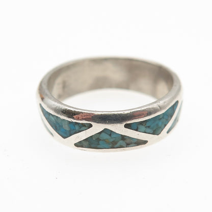 Old Pawn 925 Sterling Silver Vintage Turquoise Inlay Tribal Band Ring Size 6.25