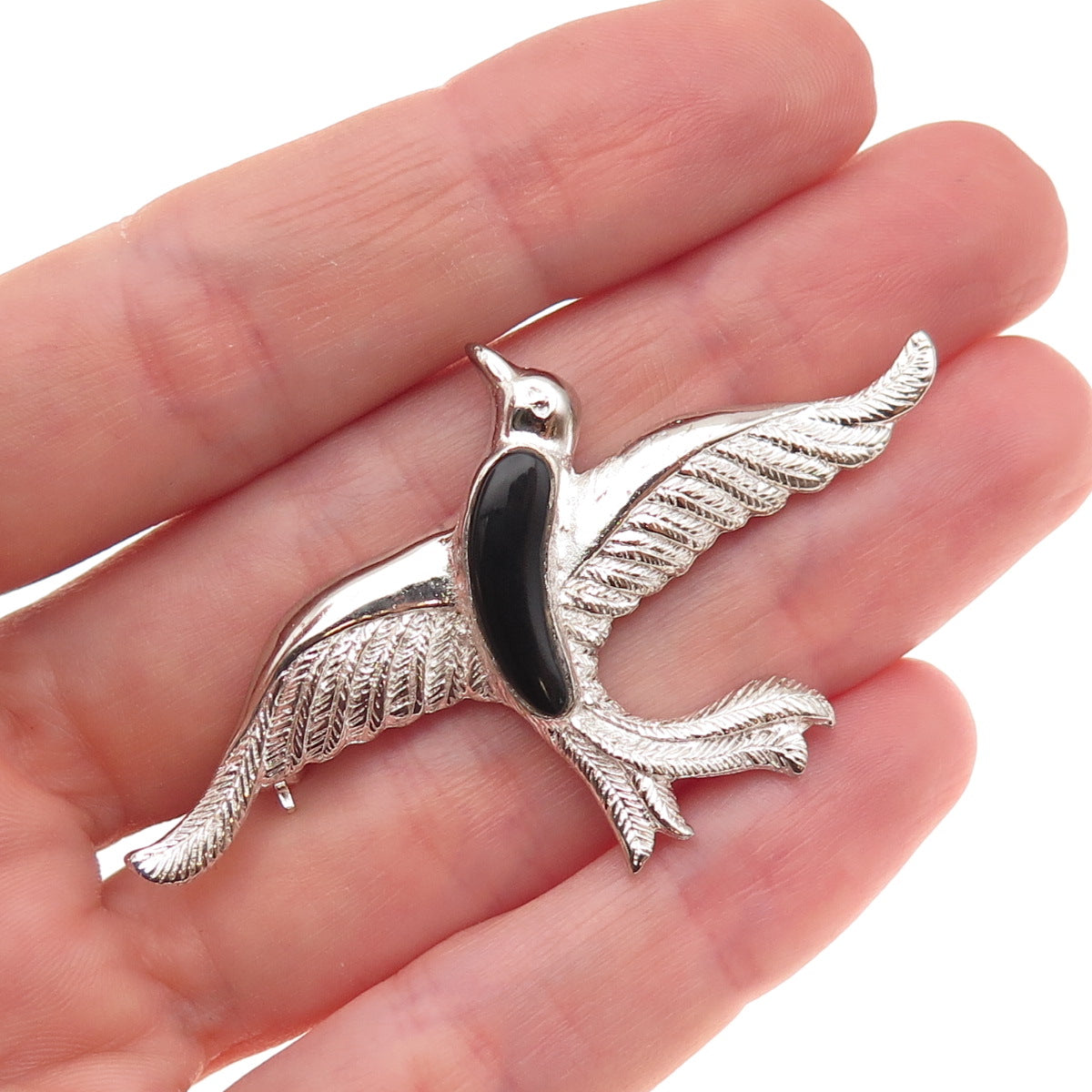 925 Sterling Silver Vintage Real Black Onyx Flying Bird Pin Brooch
