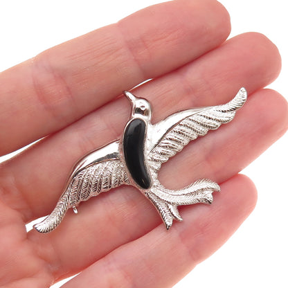 925 Sterling Silver Vintage Real Black Onyx Flying Bird Pin Brooch