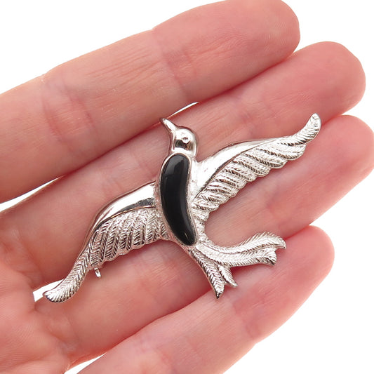 925 Sterling Silver Vintage Real Black Onyx Flying Bird Pin Brooch