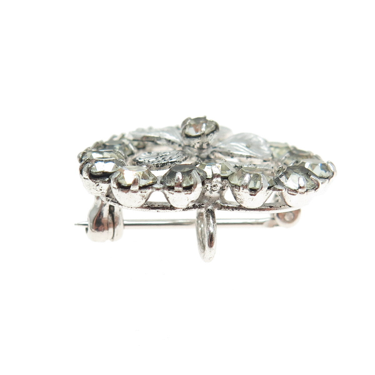 925 Sterling Silver Antique Art Deco Rhinestone Clover For Good Luck Brooch