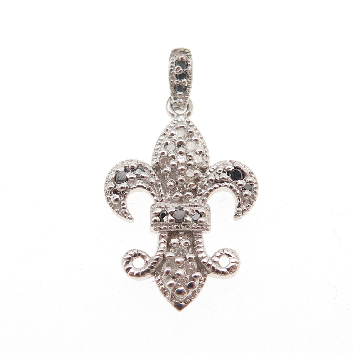 925 Sterling Silver Real Round-Cut Black & White Diamond Fleur de Lis Pendant