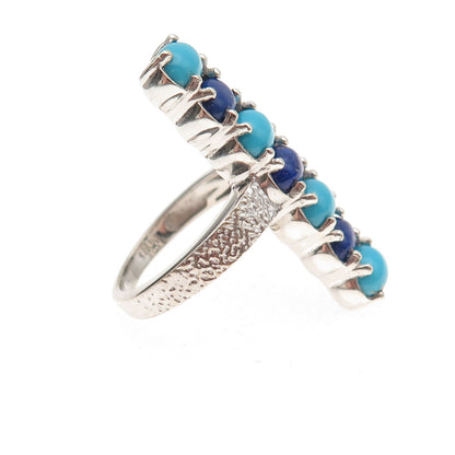 925 Sterling Silver Real Cabochon Turquoise & Lapis Bar Ring Size 8.25