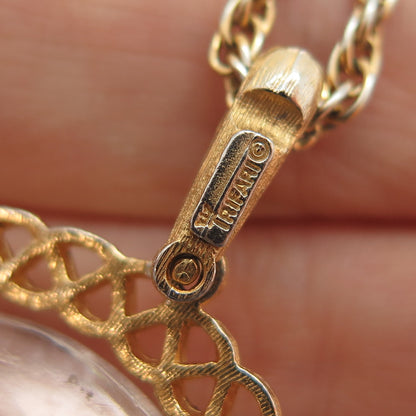 CROWN TRIFARI Gold Plated Vintage Glass Floral Lady Cameo Necklace 20"