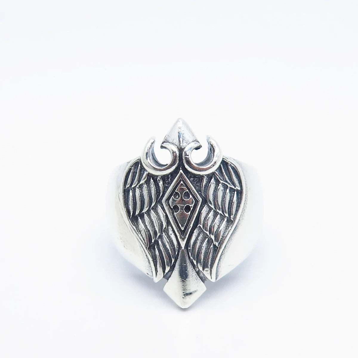 925 Sterling Silver Vintage Cross & Eagle Wings Ring Size 8