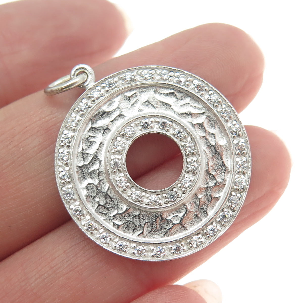 925 Sterling Silver Pave C Z Textured Round Pendant