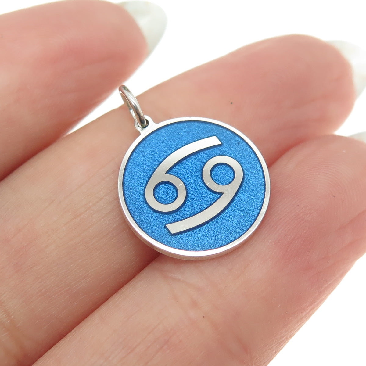 925 Sterling Silver Blue Enamel Cancer Zodiac Round Tag Minimalist Charm Pendant