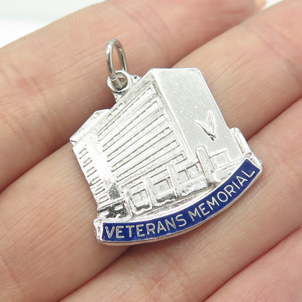 925 Sterling Silver Vintage Enamel Veterans Memorial Building Detroit Pendant