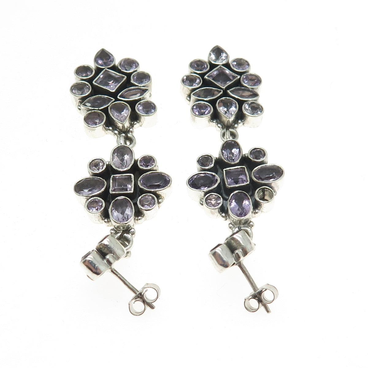 925 Sterling Silver Vintage Real Multi-Cut Amethyst Floral Dangling Earrings