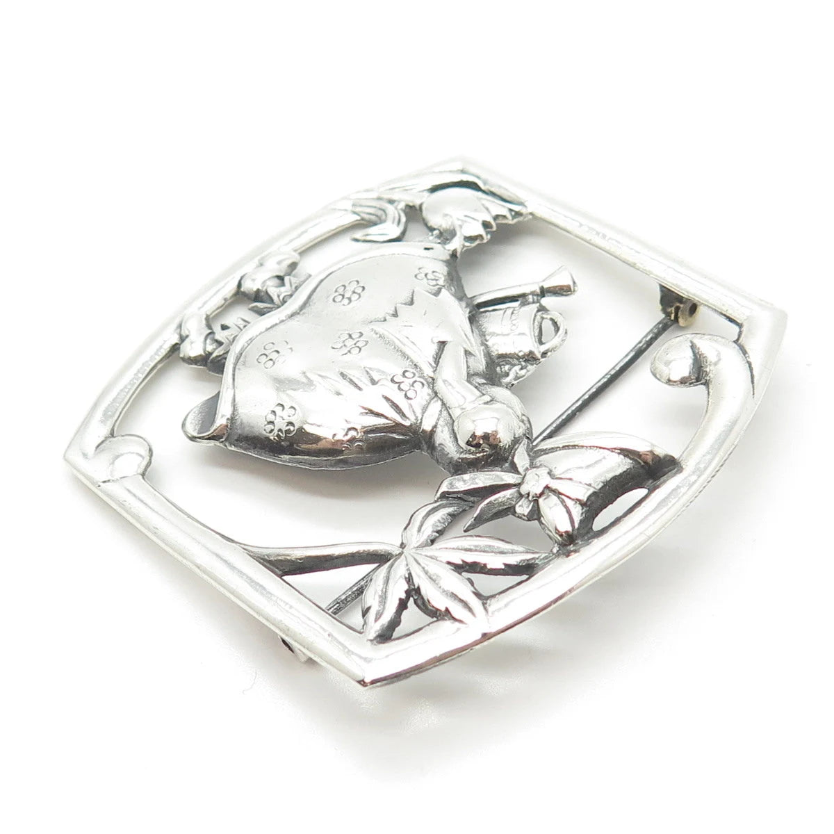 925 Sterling Silver Vintage Girl & Floral Pin Brooch