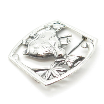 925 Sterling Silver Vintage Girl & Floral Pin Brooch