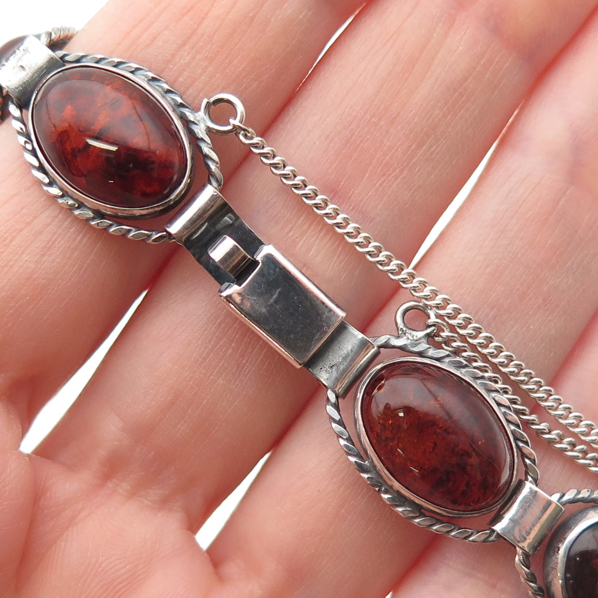 925 Sterling Silver Vintage Real Cabochon Amber Oxidized Bracelet 6.75"