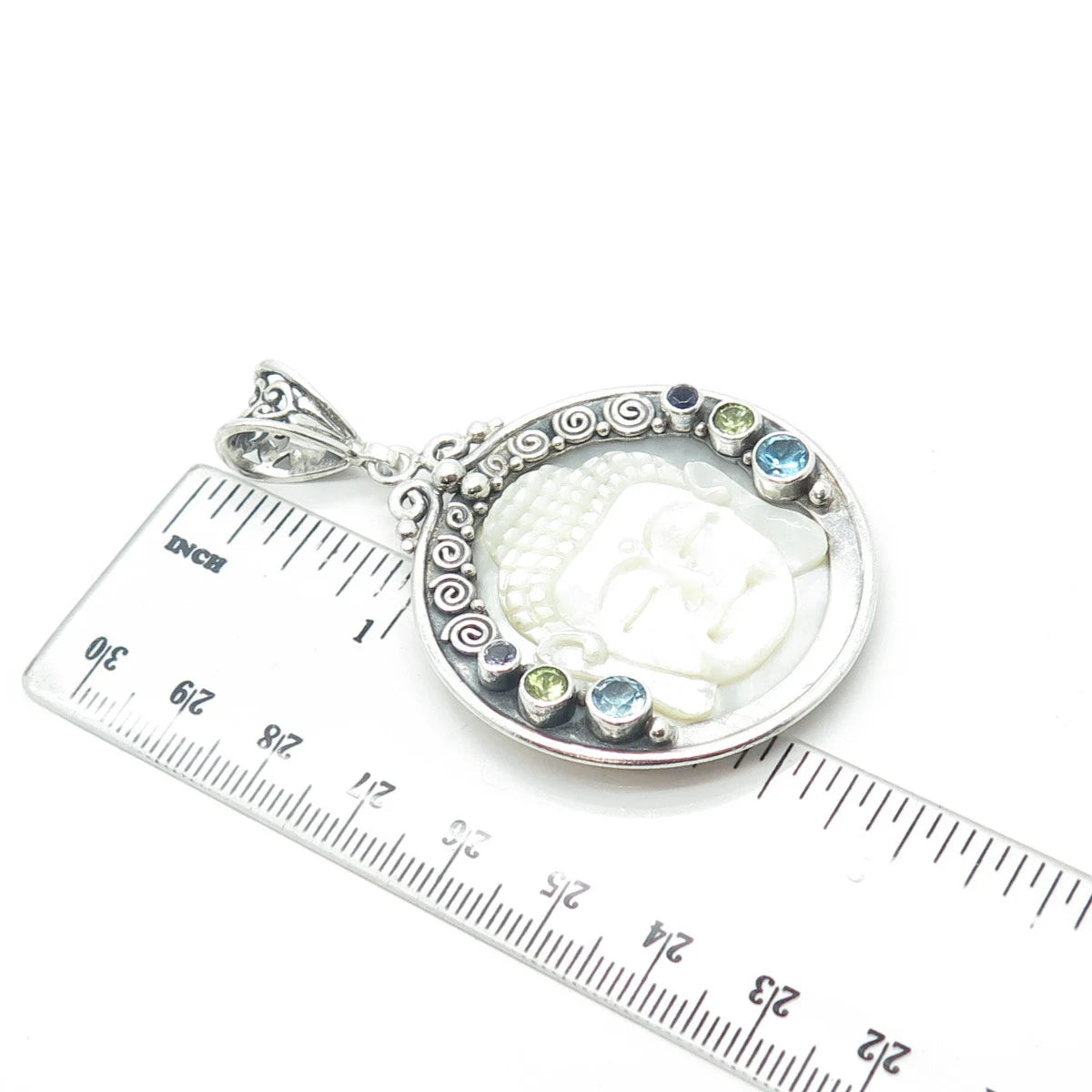 925 Sterling Silver Vintage Real MOP Iolite Topaz Peridot Buddha Amulet Pendant