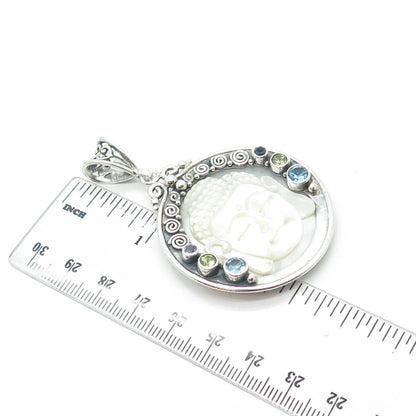 925 Sterling Silver Vintage Real MOP Iolite Topaz Peridot Buddha Amulet Pendant