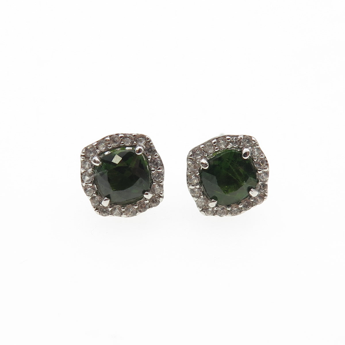 925 Sterling Silver Cushion-Cut Green & Round-Cut White C Z Stud Earrings