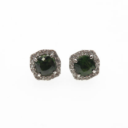 925 Sterling Silver Cushion-Cut Green & Round-Cut White C Z Stud Earrings