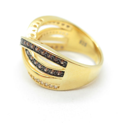 925 Sterling Silver Gold Plated Real Smoky Quartz & C Z Crisscross Ring Size 7