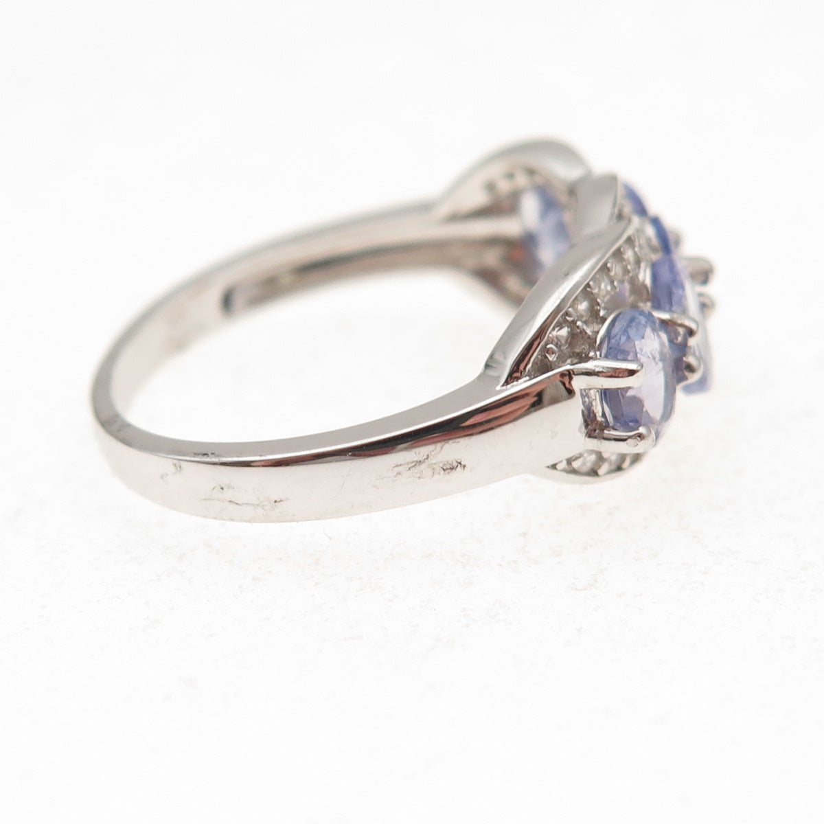 925 Sterling Silver Real Oval-Cut Tanzanite & Round-Cut White Topaz Ring Size 8