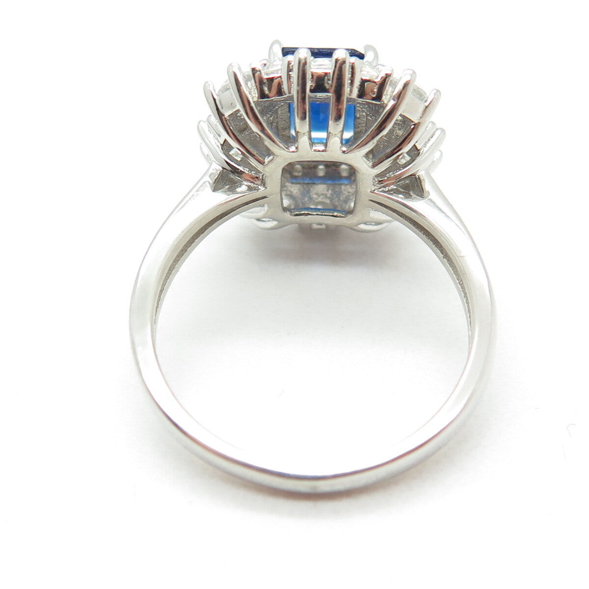 DSMK 925 Sterling Silver Radiant-Cut Nano Sapphire & Round-Cut C Z Ring Size 7